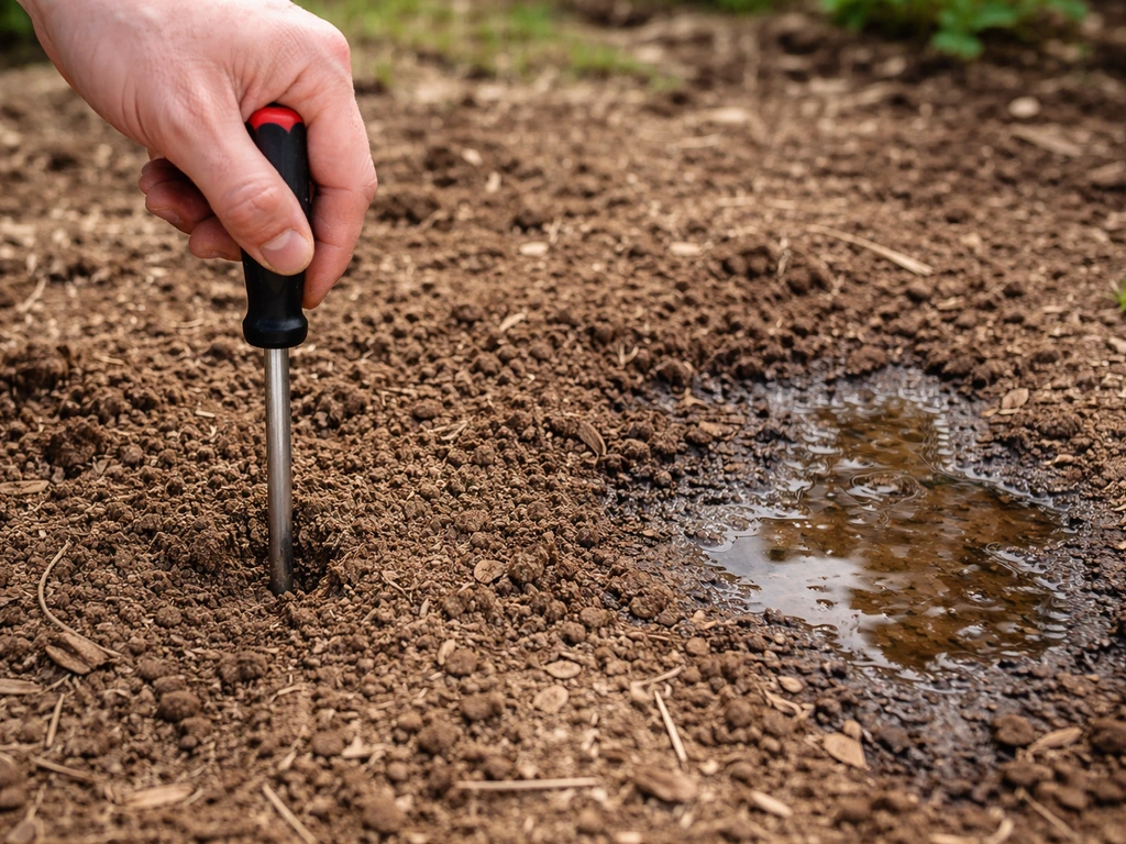 Semelle et tournevis enfoncés dans un sol de jardin, avec trace de drainage après arrosage (eau qui s’écoule).