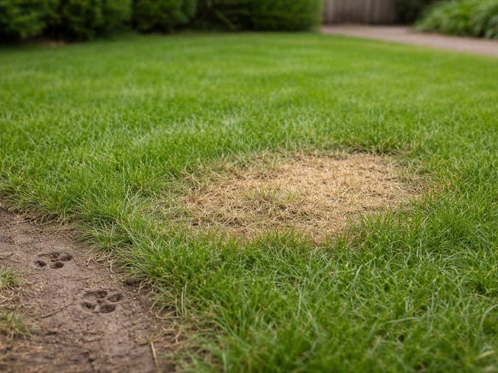 Pelouse de jardin avec une zone jaunie près d’un passage de chat, tache ovale visible après urine de chat