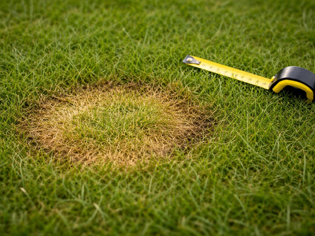 Gros plan d’une tache ovale sur pelouse avec herbe jaunie, repère de taille à côté, sans texte.