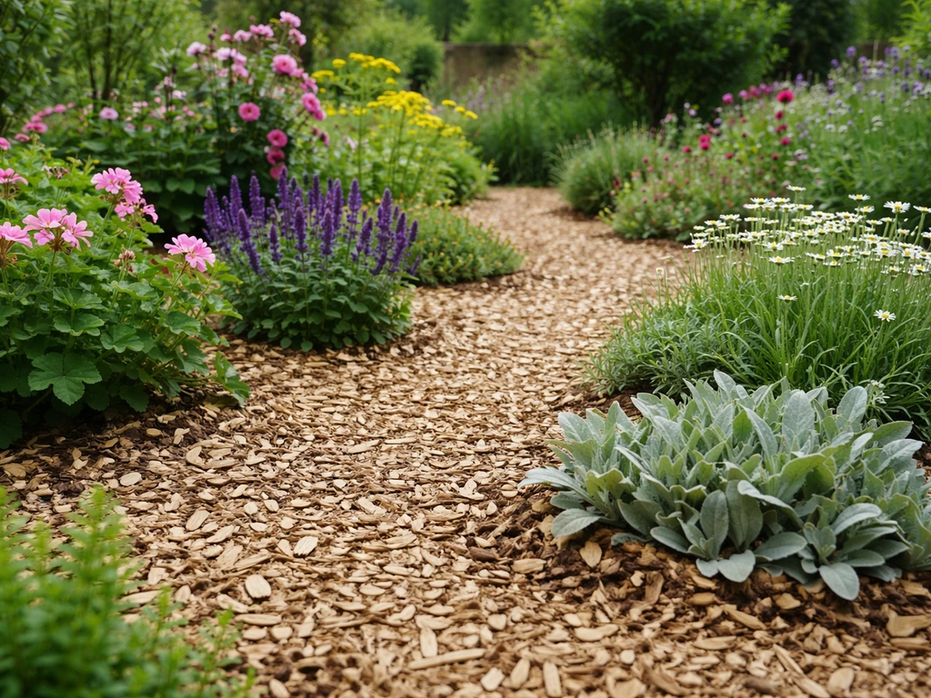 Petit jardin avec paillis en copeaux couvrant le sol pour limiter les zones de terre nue.