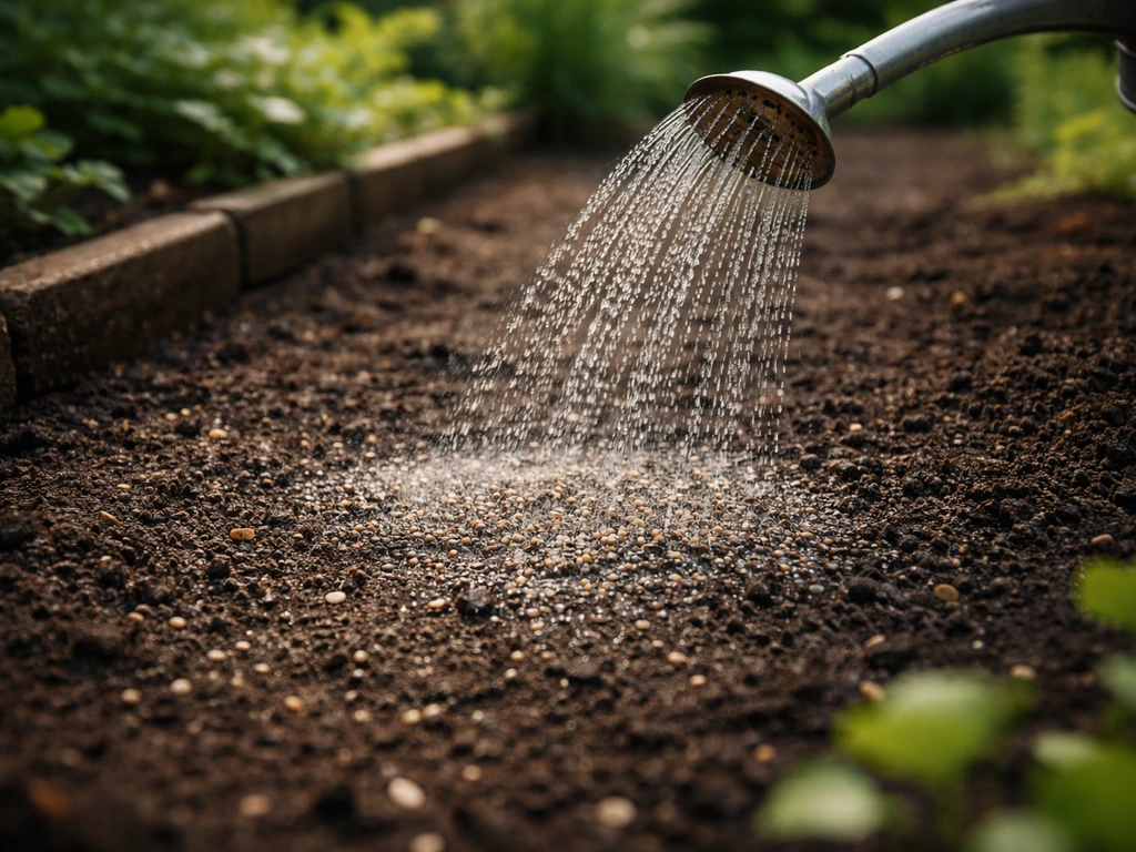 Arrosage minutieux d’une petite zone ressemée, graines visibles en surface, sol maintenu humide.