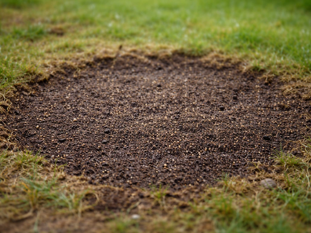 Zone de pelouse scarifiée et terreau/compost fin étalé, semis prêts à repousser dans le jardin.