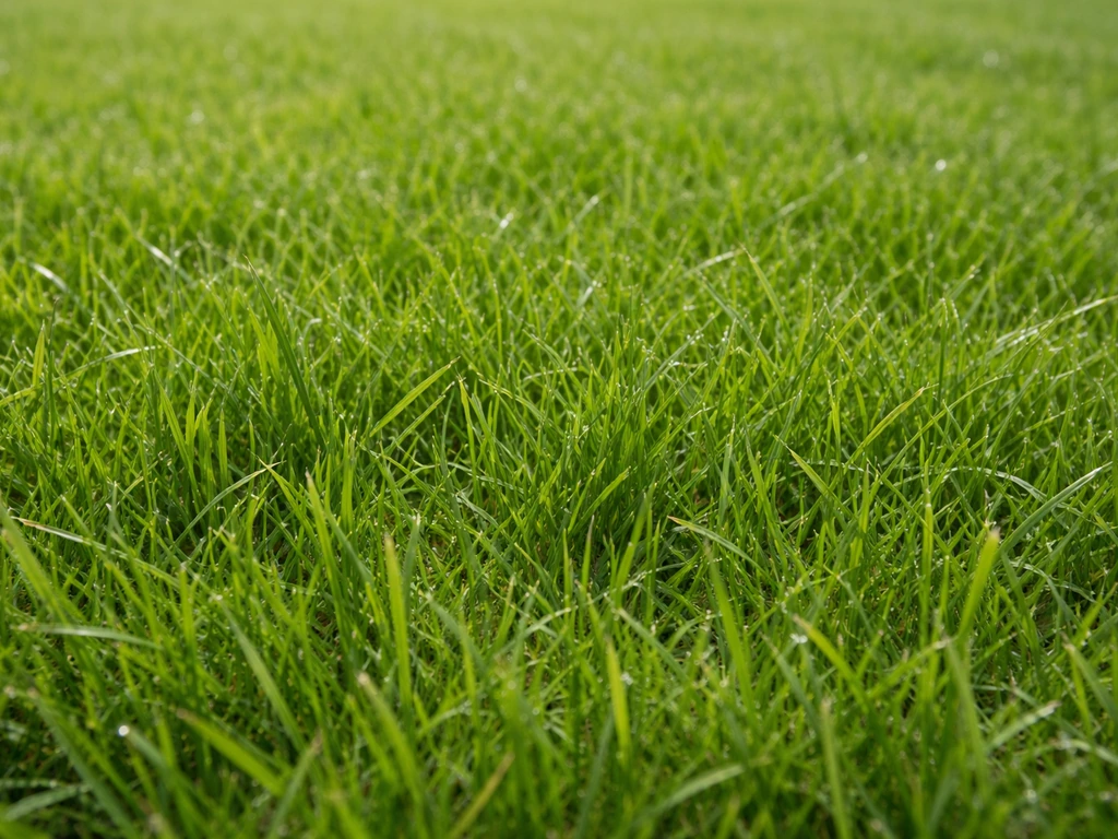 Macro d’une pelouse fraîchement tondue, plusieurs graminées distinctes à identifier visuellement.