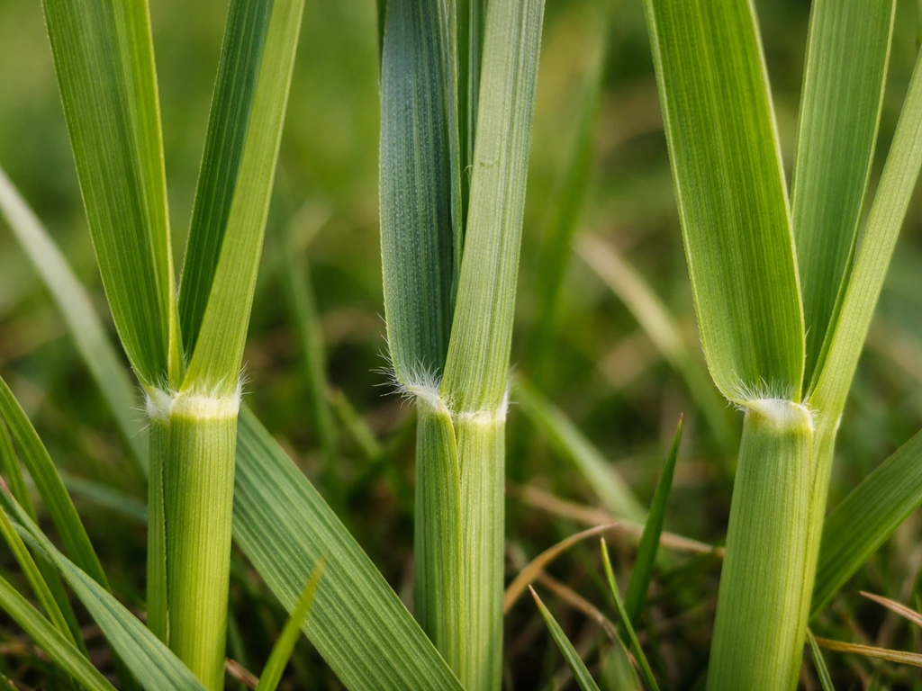 Gros plan de graminées : ligule et jonction feuille–gaine visibles sur plusieurs brins d’herbe.