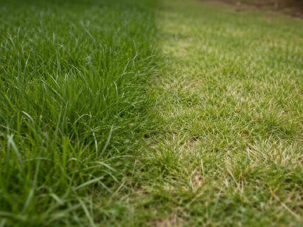 Gazon en deux zones : brins plus foncés et plus hauts à gauche, plus clairs à droite, vue rapprochée naturelle.