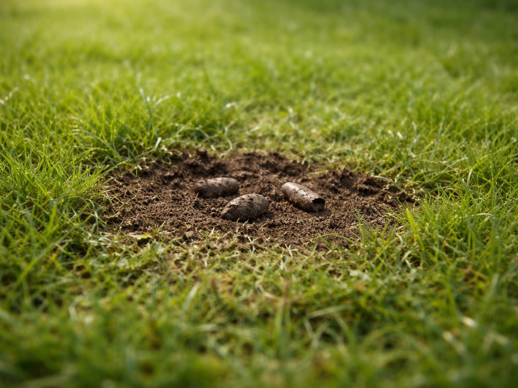 Gros plan d’une pelouse de jardin avec une petite zone de terre grattée et quelques crottes de chat discrètes.