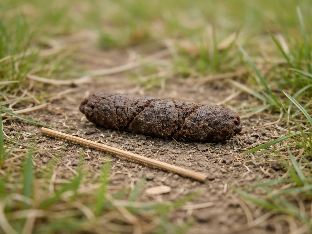 Gros plan d’une crotte de chat cylindrique dans l’herbe, avec une petite référence d’échelle naturelle à côté.