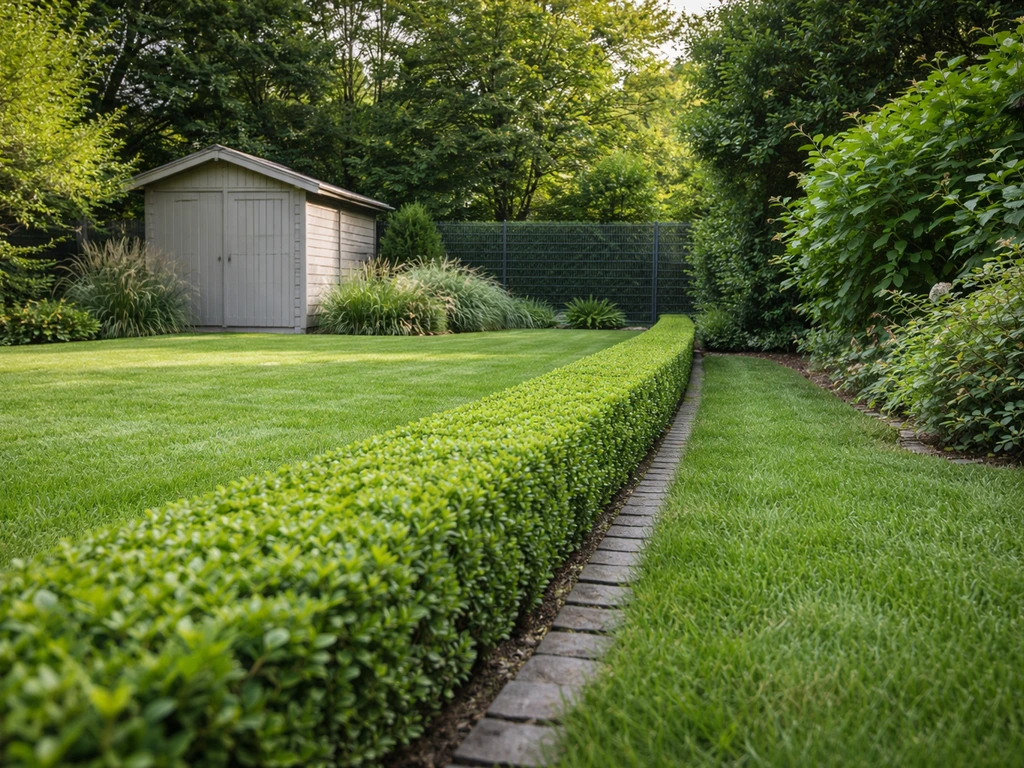 Jardin avec haie basse taillée et bordure propre, près de la pelouse, montrant des accès rendus moins faciles.