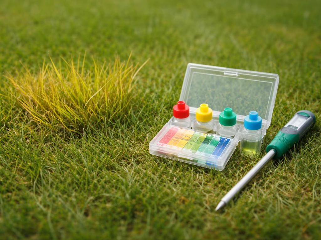 Kit de mesure du pH sur une pelouse avec brins d’herbe jaune homogène, suggérant une faim d’azote.