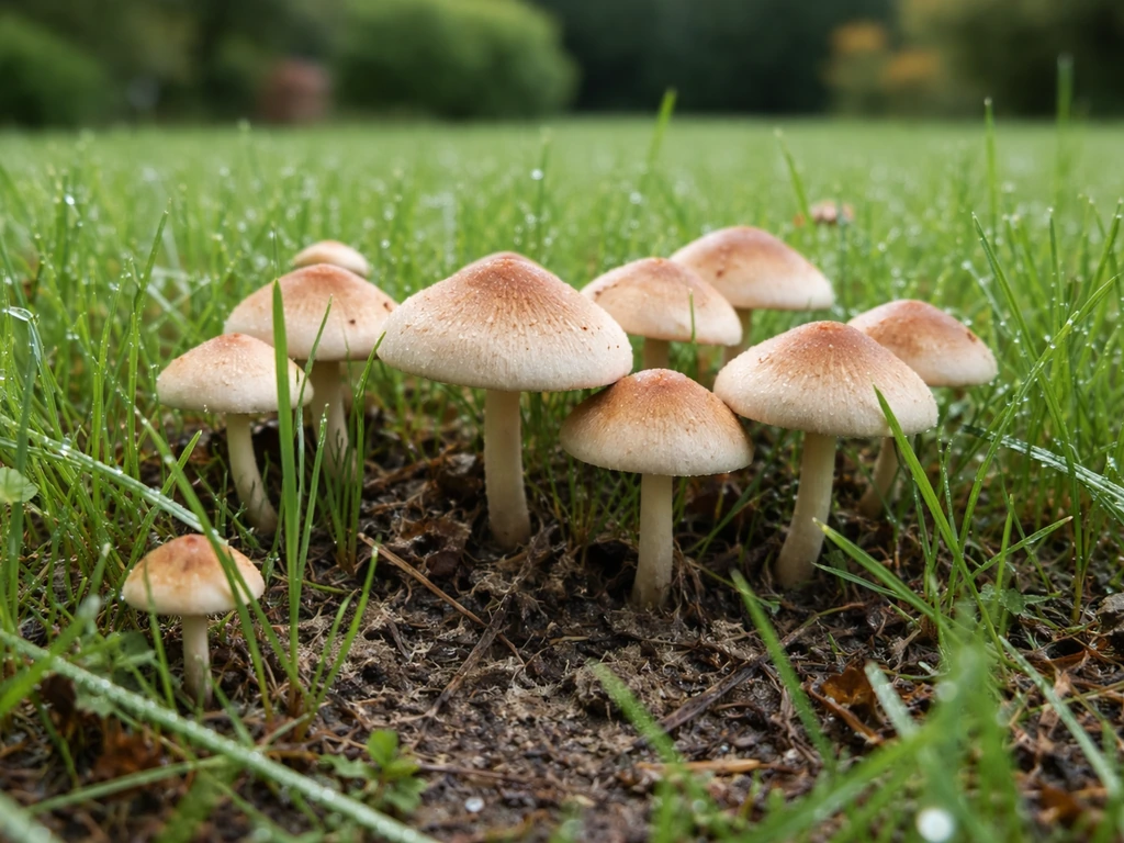 Gros plan de champignons poussant dans une pelouse dense, herbe humide et sol sombre visibles.