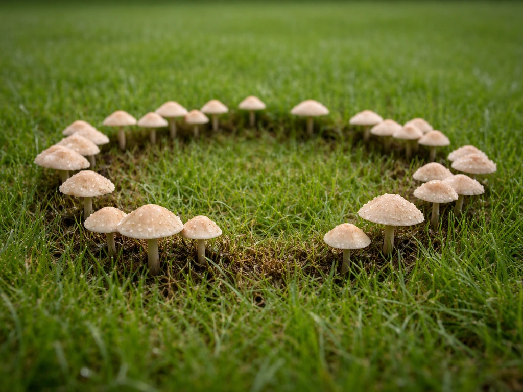 Gros plan sur une pelouse avec des champignons en anneau et une herbe autour plus sombre, signes visibles.