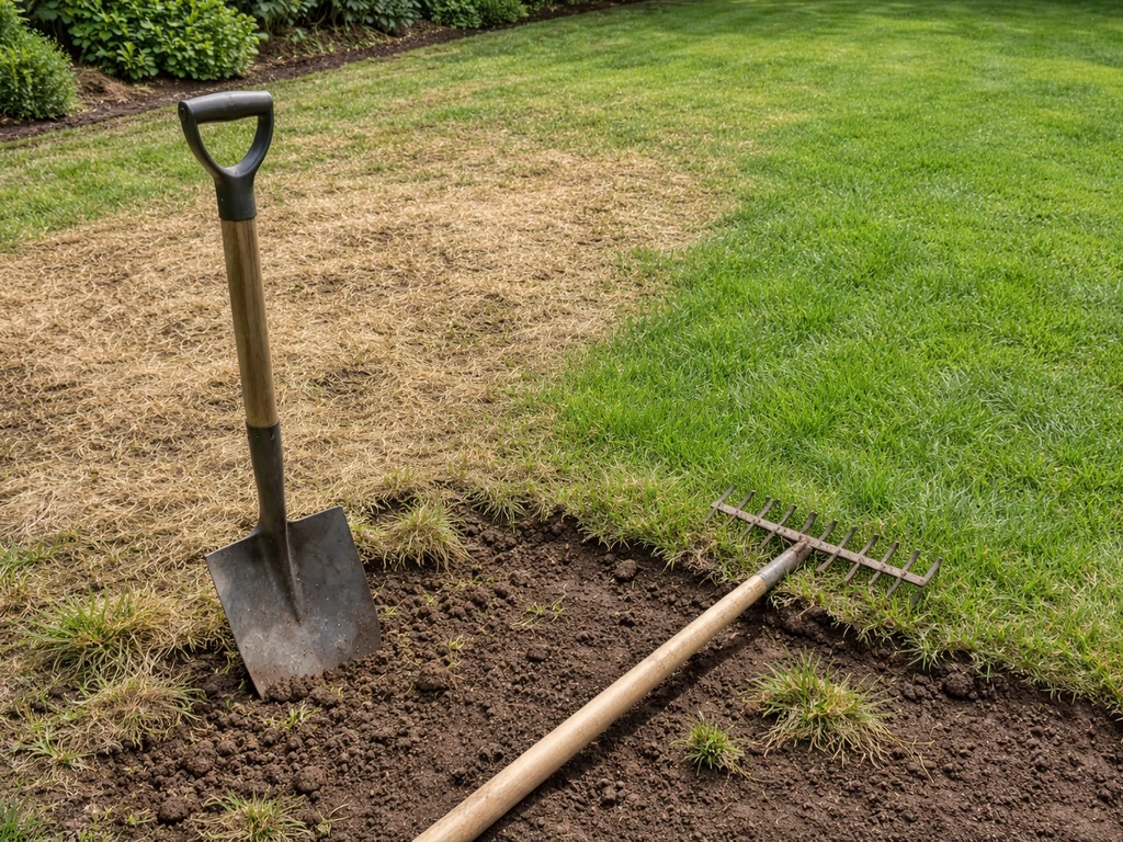 Outils de jardin sur la pelouse, une zone brune arrachée avec sol plus humide pour illustrer le drainage.