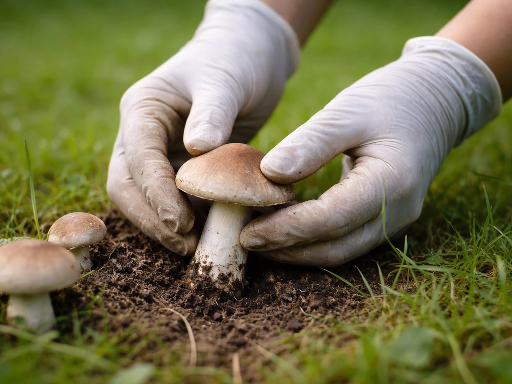 Mains gantées ramassant des champignons fraîchement sortis sur une pelouse verte