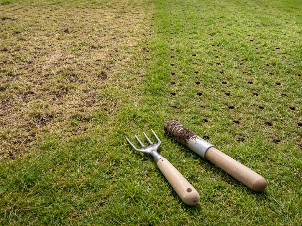 Pelouse avec zone scarifiée et zone de carottage, montrant le feutre et les micro-trous sur le sol.