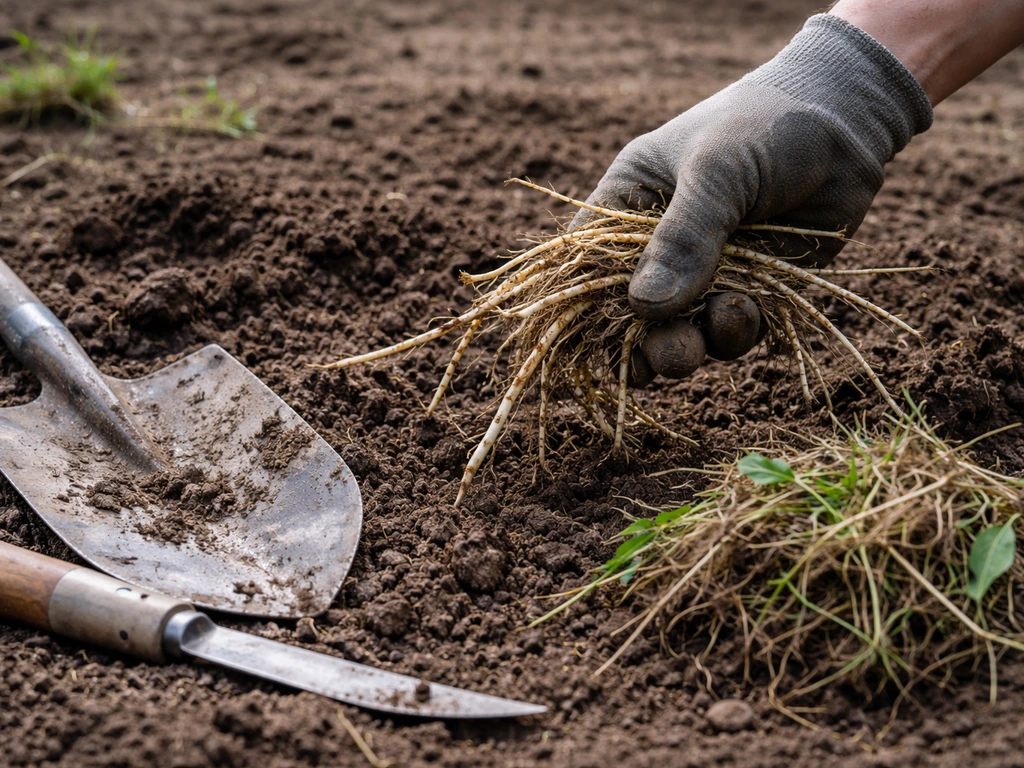 Main retirant des rhizomes avec une bêche, sol préparé après désherbage, vue rapprochée chantier.