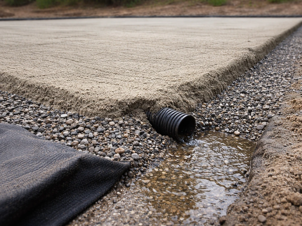 Détail réaliste d’un chantier de drainage : pente du lit, lit de tout-venant et évacuation des eaux.