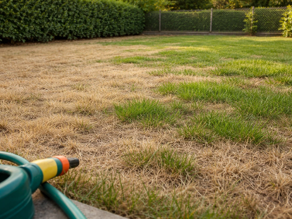 Pelouse partiellement grillée avec des zones verdies, arrosage discret dans un jardin résidentiel