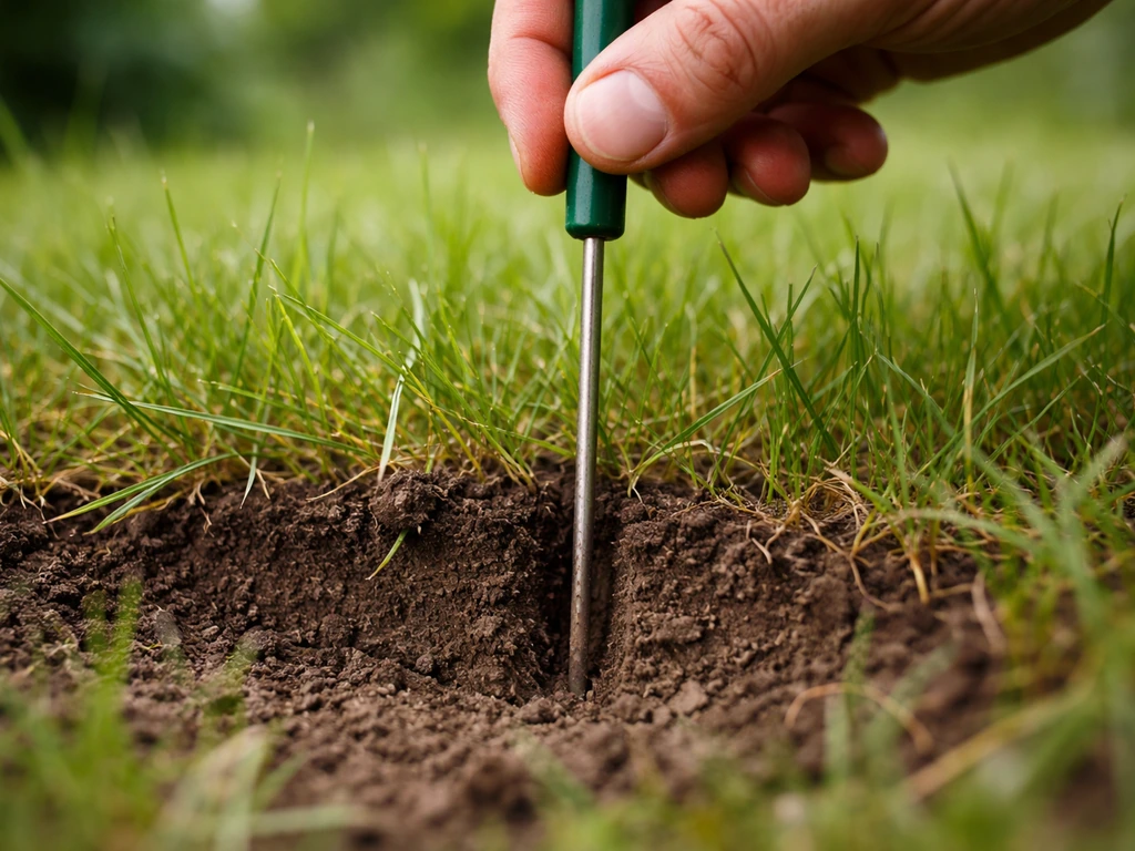 Tournevis planté dans la pelouse, vu au niveau du sol pour vérifier l’enracinement et l’humidité.