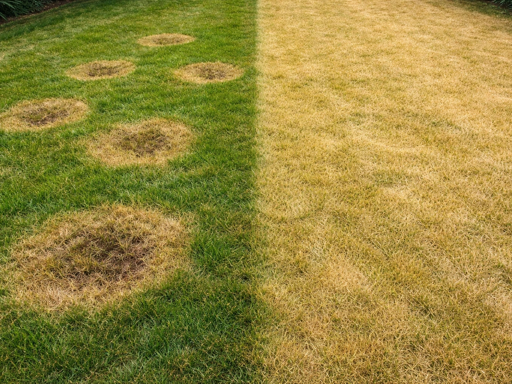 Pelouse en deux zones : jaunissement uniforme d’un côté et taches rondes isolées de l’autre.