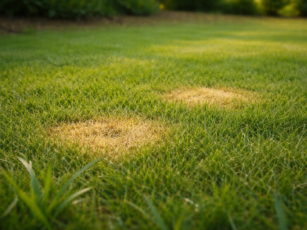 Pelouse de jardin avec une ou deux plaques jaunes dues à l’urine, contraste entre zone brûlée et gazon sain.