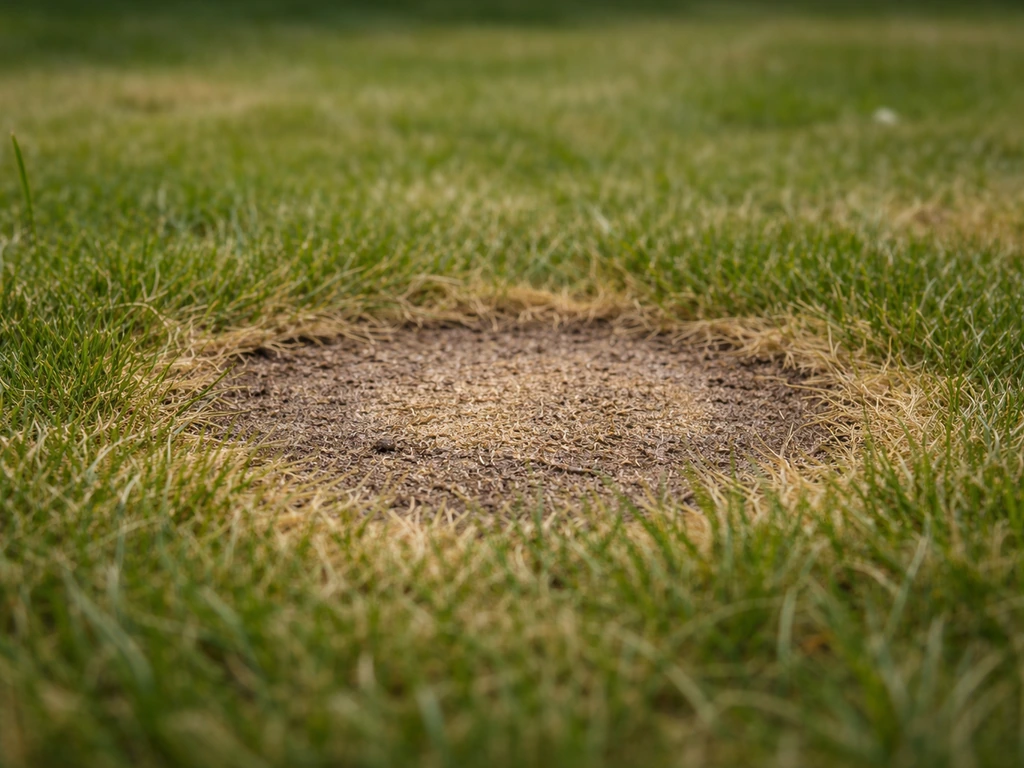 Gros plan d’une pelouse jaunie/brunie montrant une tache circulaire typique près d’un brin d’herbe abîmé