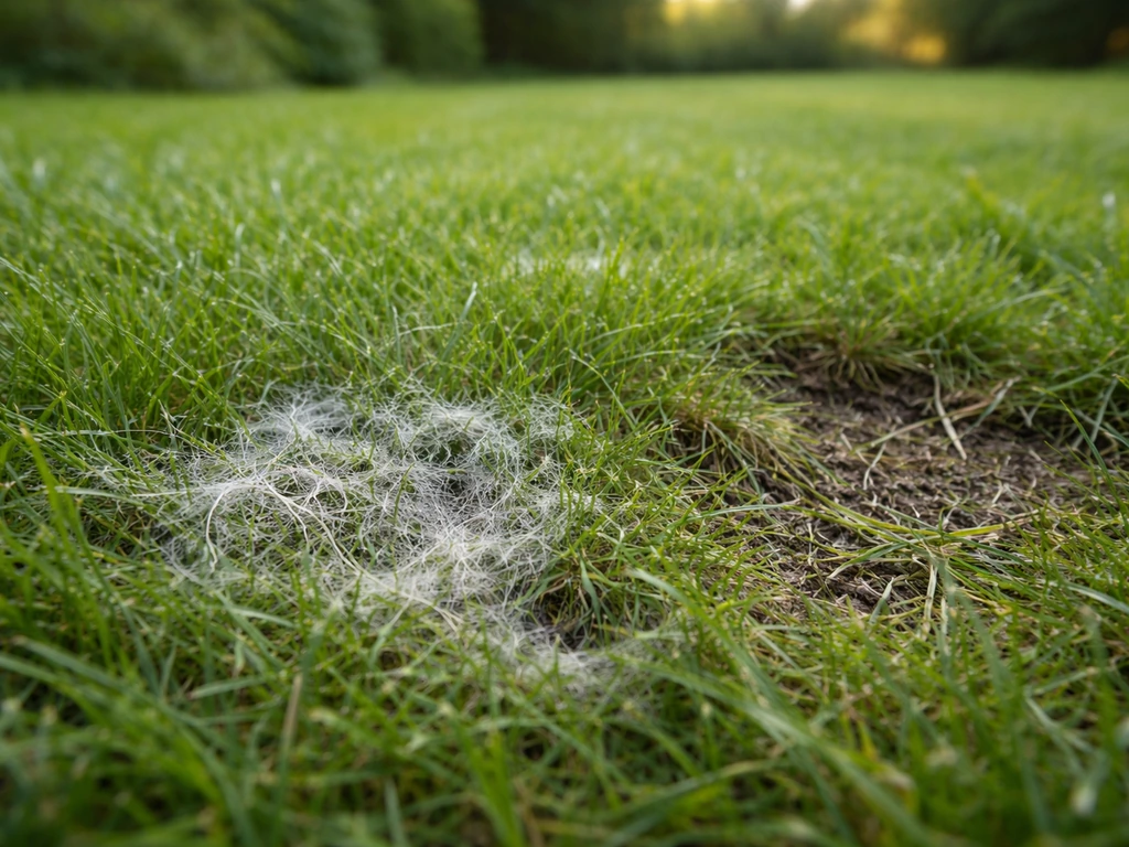 Pelouse avec une zone suspecte : filaments blanchâtres et herbe affaissée, suggérant champignon ou fouille.