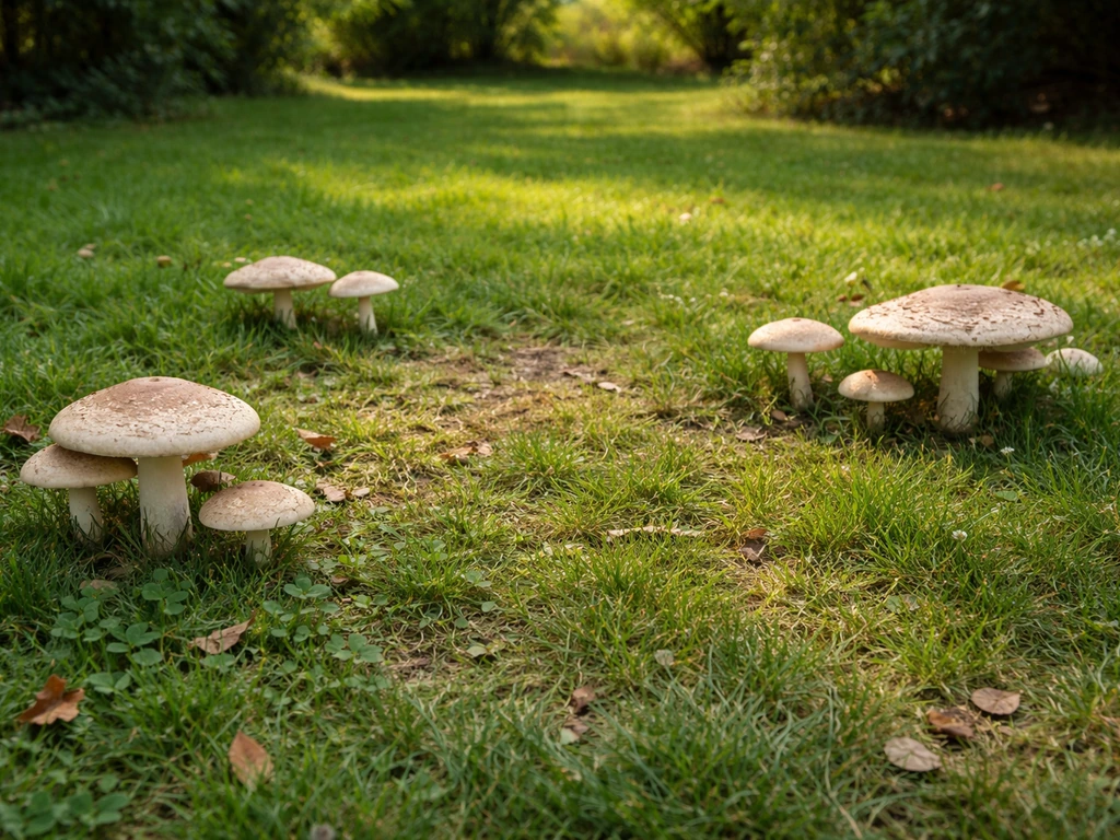 Pelouse avec plusieurs champignons au bord, gazon vert par endroits et zones plus ternes autour.