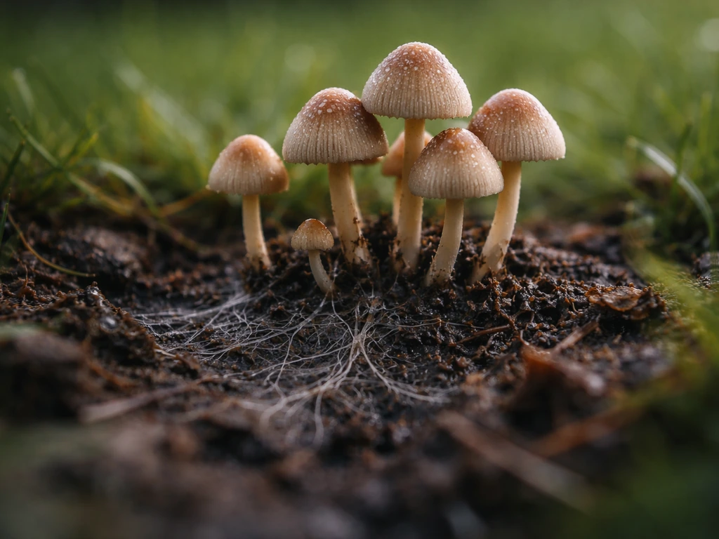 Gros plan de champignons et mycélium sur un sol humide, texture du sol visible, pelouse discrète en arrière-plan.