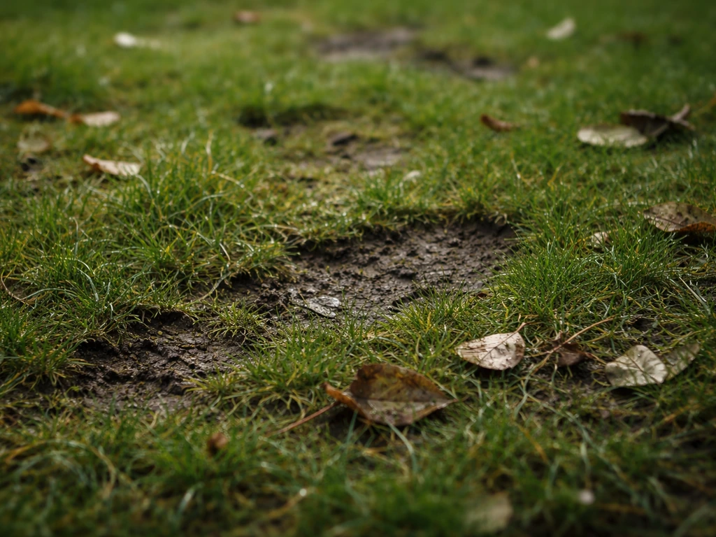 Pelouse humide avec débris et herbe compactée, gouttes de pluie visibles au ras du sol.
