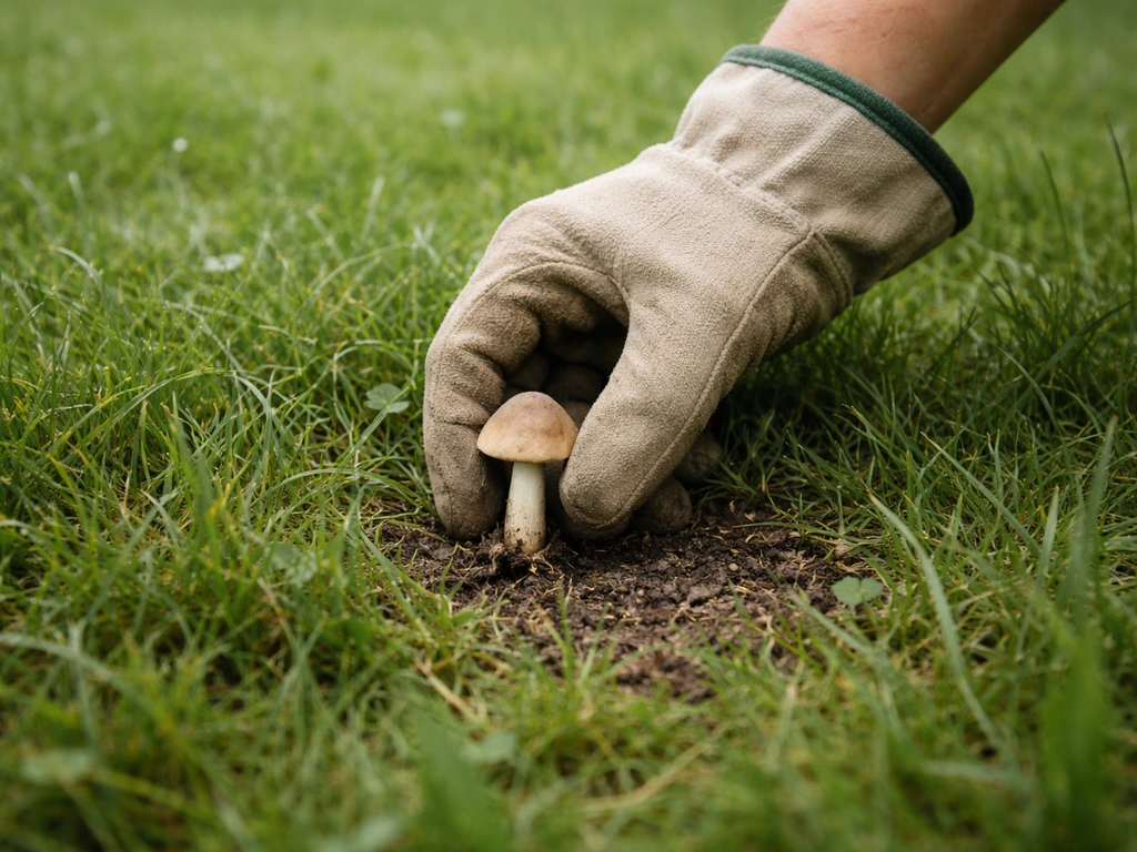 Main gantée retirant un petit champignon sur une pelouse verte, sol et herbe humides visibles.