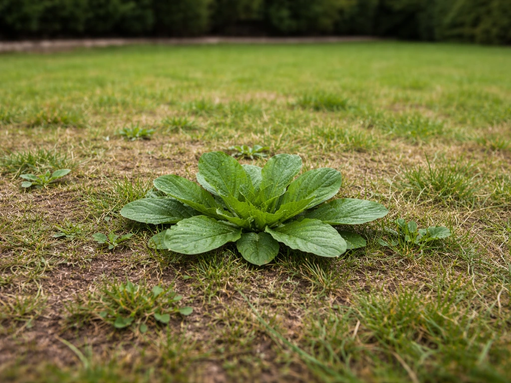 Pelouse française : grosse herbe en rosette au premier plan, zone de gazon prête à être traitée