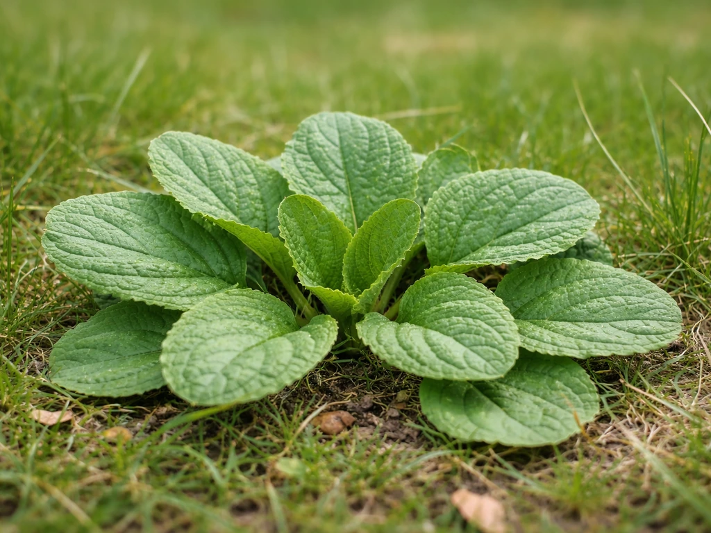 Gros plan sur une rosette de feuilles de mauvaise herbe (type plantain/pissenlit) dans une pelouse, pour l’analyse.