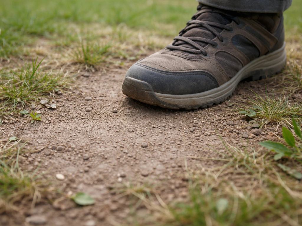 Sol de pelouse compacté : un pied s’enfonce difficilement dans la terre dure, zone propice aux envahisseurs.