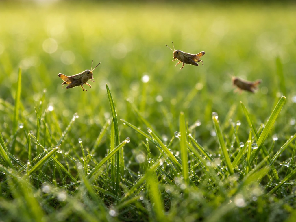 Pelouse vue de près avec plusieurs insectes sauteurs visibles entre les brins d’herbe