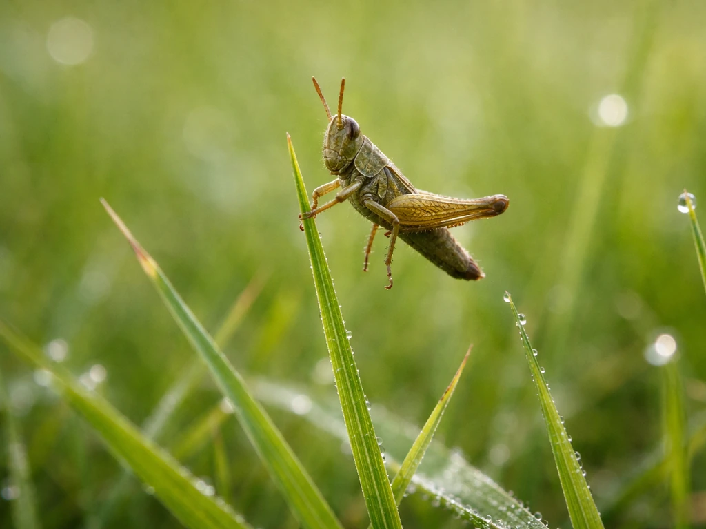 Insecte sauteur en plein saut sur un brin d’herbe, gros plan avec herbe verte floue en arrière-plan.