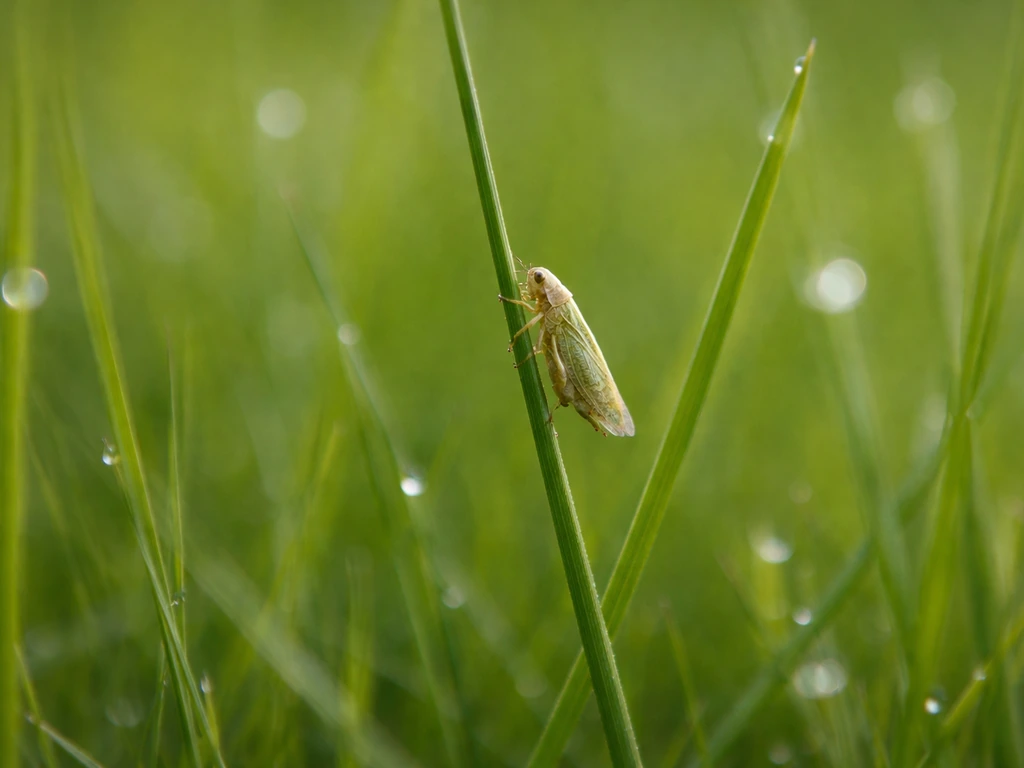 Cicadelle posée sur une tige de graminée dans l’herbe, gros plan naturel avec rosée.