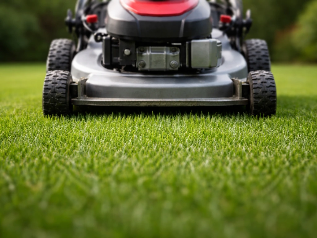 Gros plan d’une tondeuse sur une pelouse bien réglée, herbe coupée à 4–6 cm.