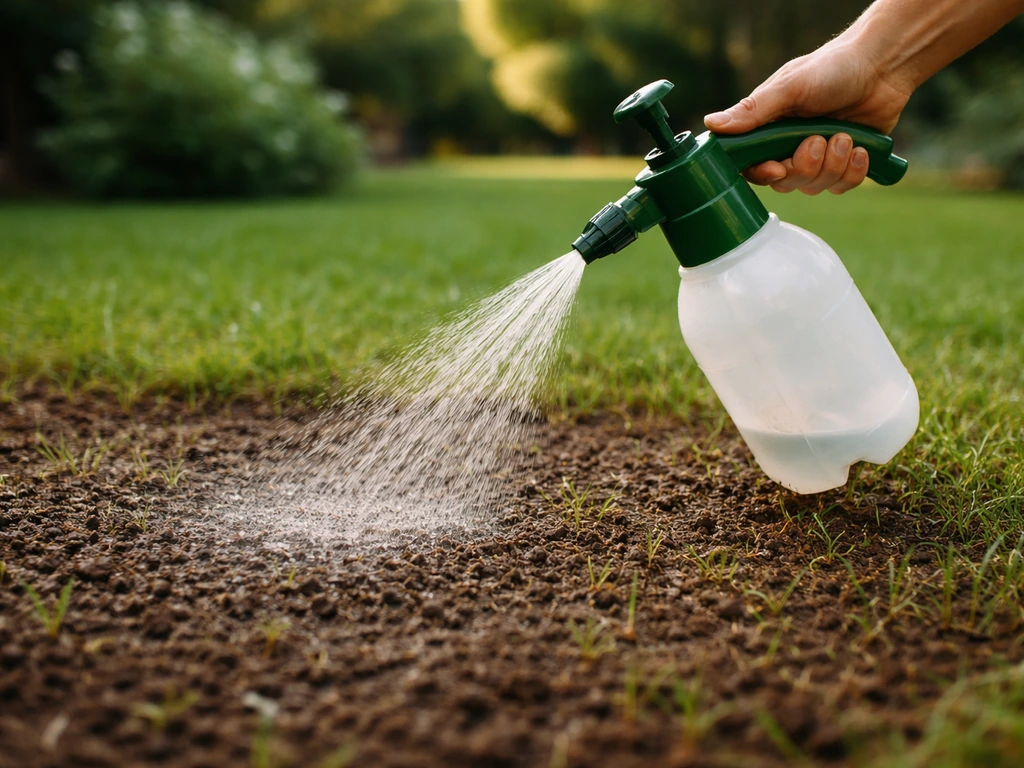 Jardinier arrosant une pelouse humide avec un pulvérisateur, sol prêt pour l’application de nématodes entomopathogènes.