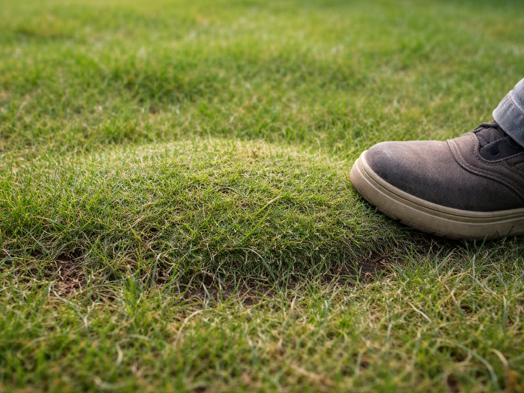 Gazon légèrement surélevé avec bulle visible, test au pied sur la zone gonflée avant réparation.