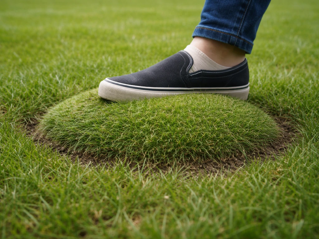 Gazon montrant une bulle: zone légèrement surélevée et molle sous un pied, empreinte visible.