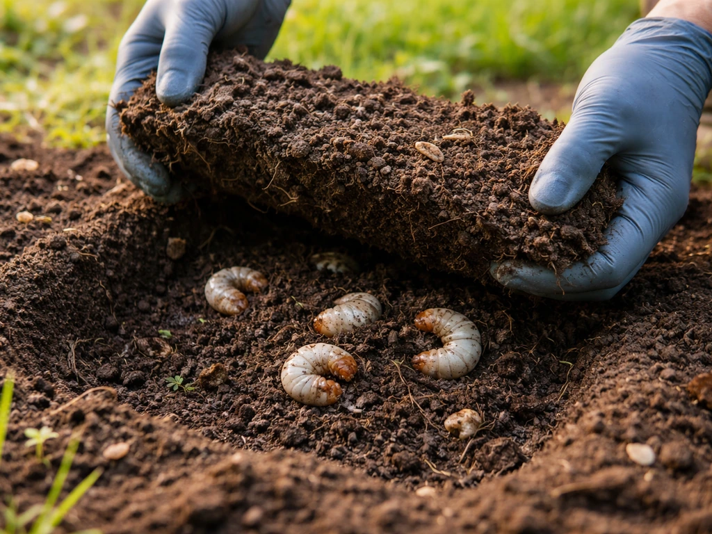 Mains gantées soulèvent une plaque de terre : larves blanches visibles dans un potager humide.