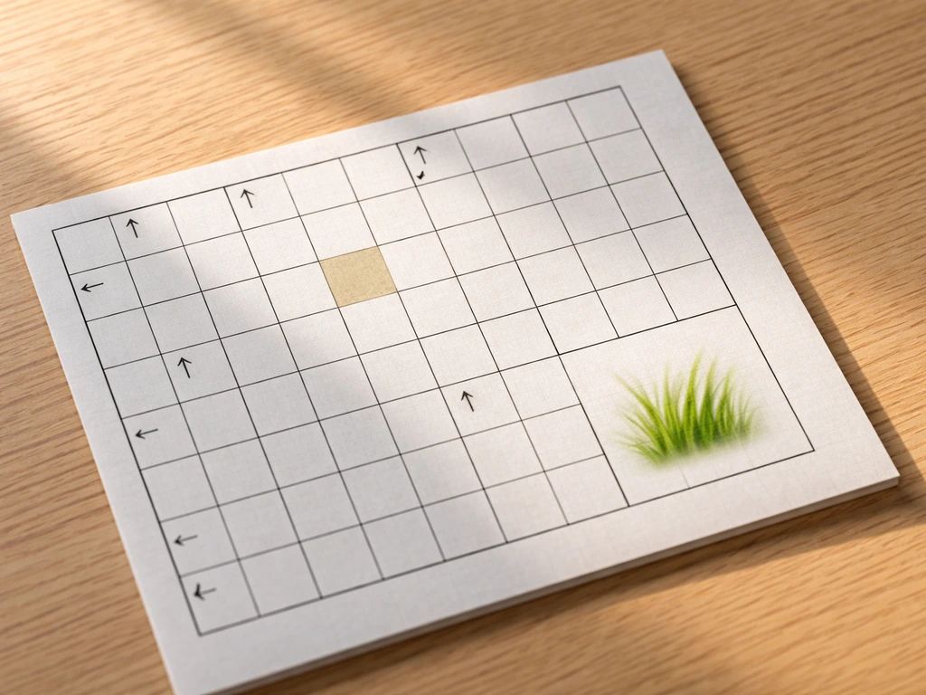 Petite grille de mots fléchés sur table, une case mise en lumière et un motif d’herbe pour évoquer “telle une pelouse”.