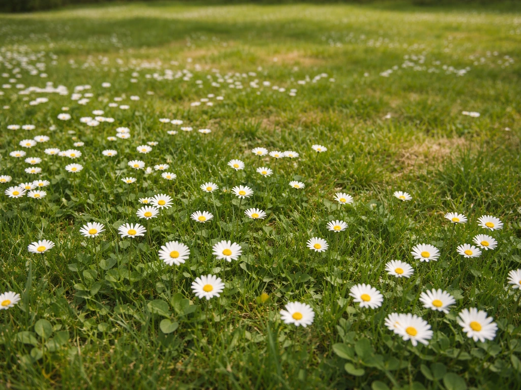 Pelouse française parsemée de pâquerettes, zones clairsemées et fleurs visibles au premier plan.