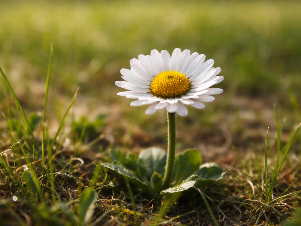 Une pâquerette bien visible sur une pelouse clairsemée, herbe fine et zones légèrement dénudées.