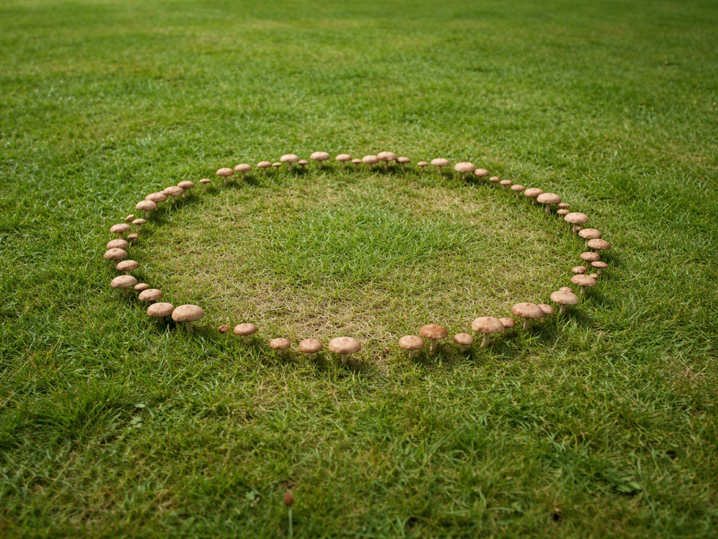 Anneau de champignons sur pelouse verte, fructifications en cercles et gazon autour contrasté.