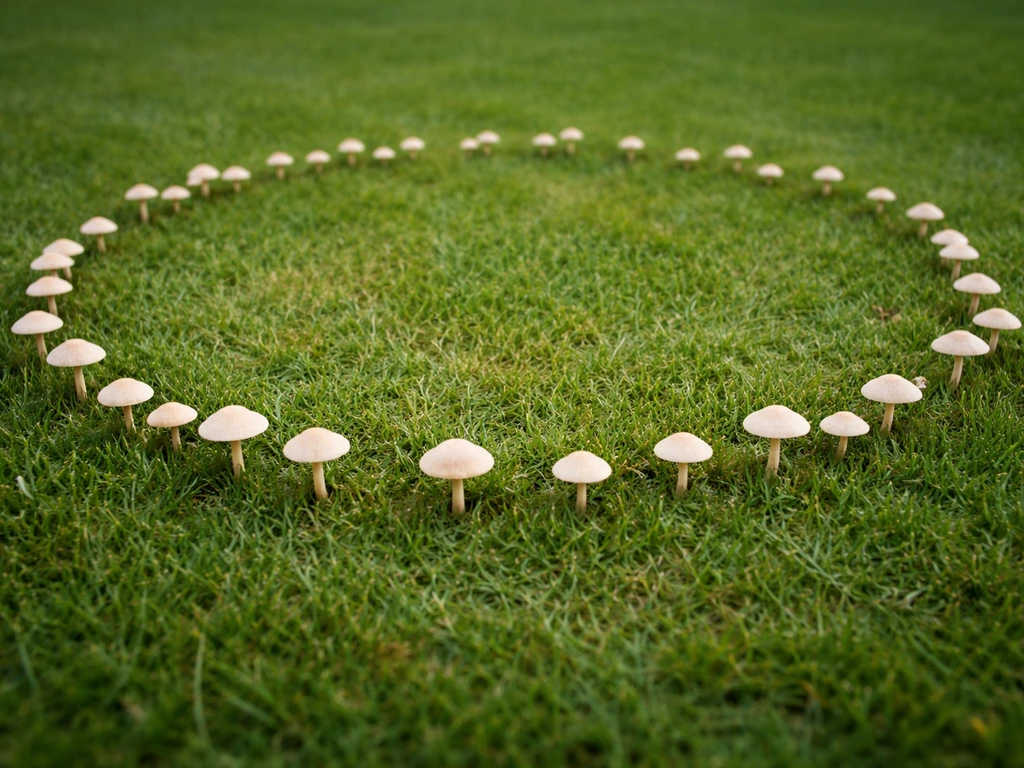 Gros plan sur un rond de sorcières : champignons en cercle sur une pelouse, limite d’anneau nette.