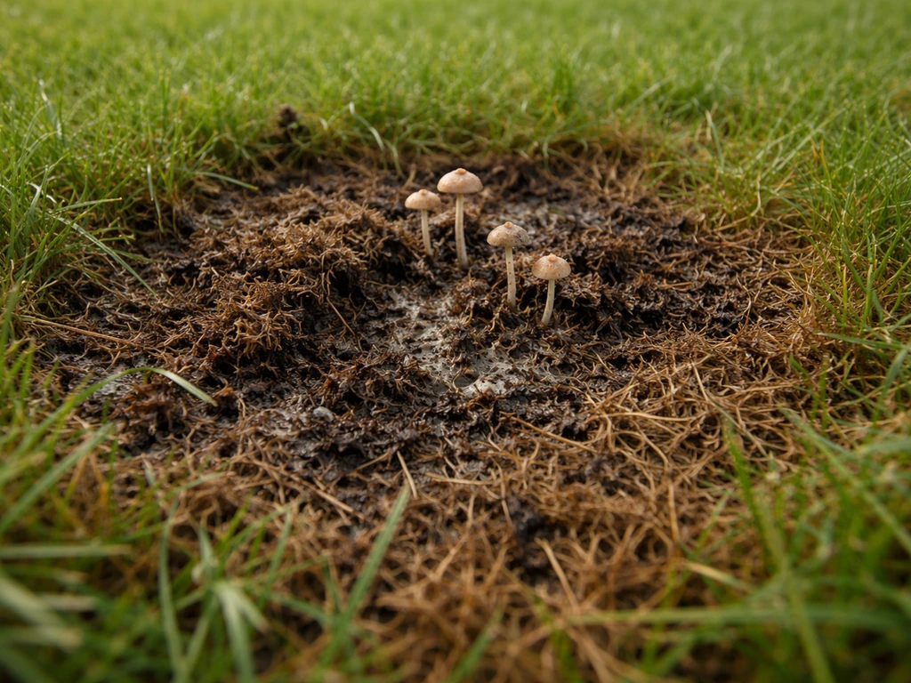 Gros plan sur des champignons sortant d’un feutre de pelouse, avec gazon sain autour
