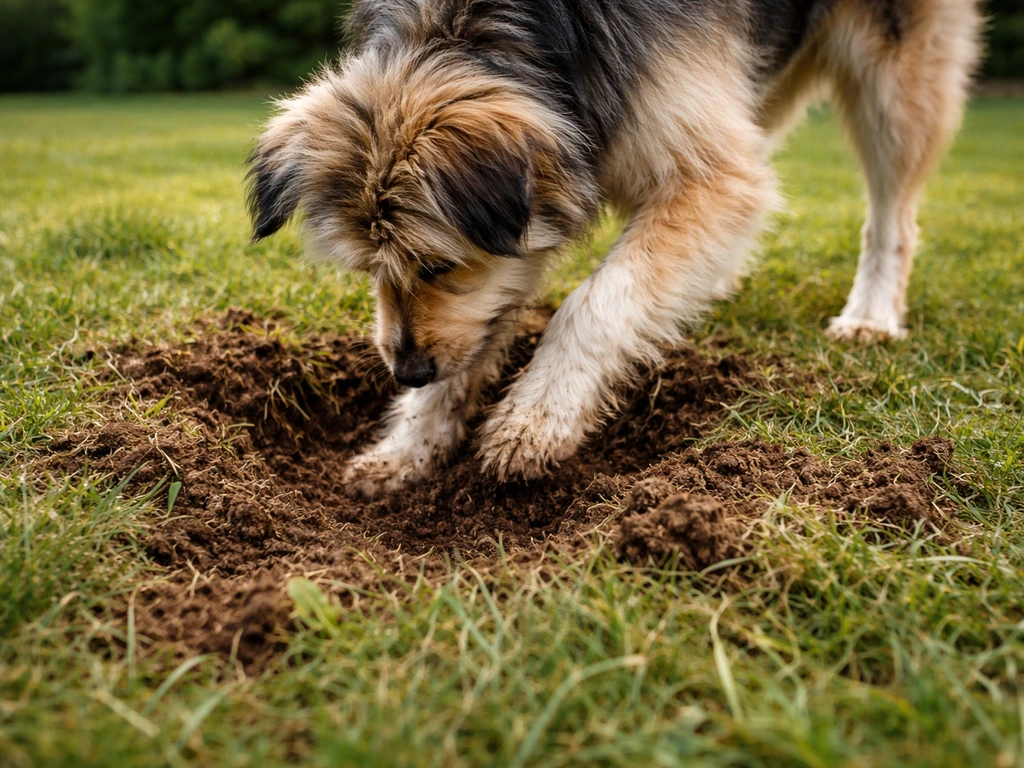 Chien qui gratte la pelouse, terre soulevée et herbe abîmée dans un jardin calme.