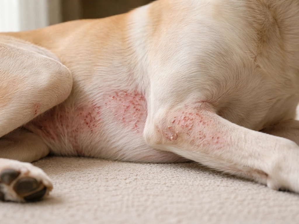 Chien vu de profil avec rougeurs, petites croûtes et zone dépilée aux aisselles et au ventre.