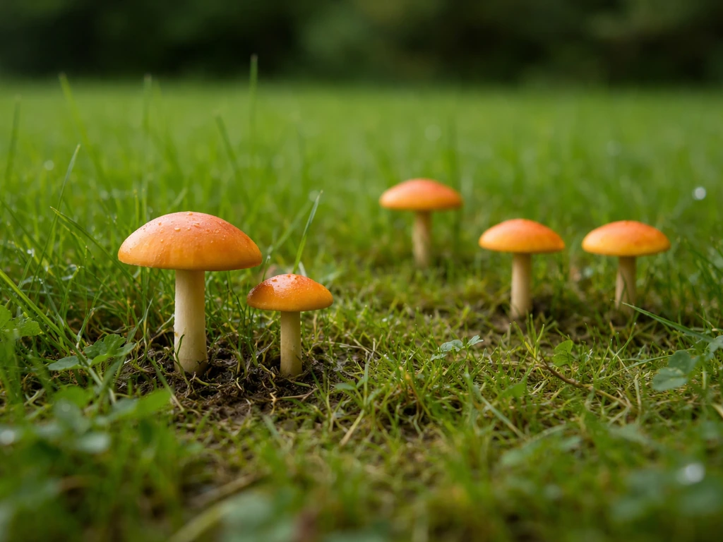 Petits champignons à chapeaux orange bien visibles dans une pelouse verte, photo nette en lumière naturelle.